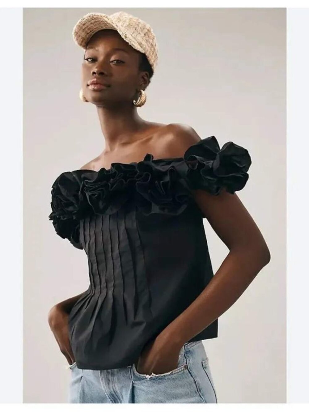 Maeve For Anthropologie Ruffled Off-The-Shoulder Blouse Top Sz M Black Artsy